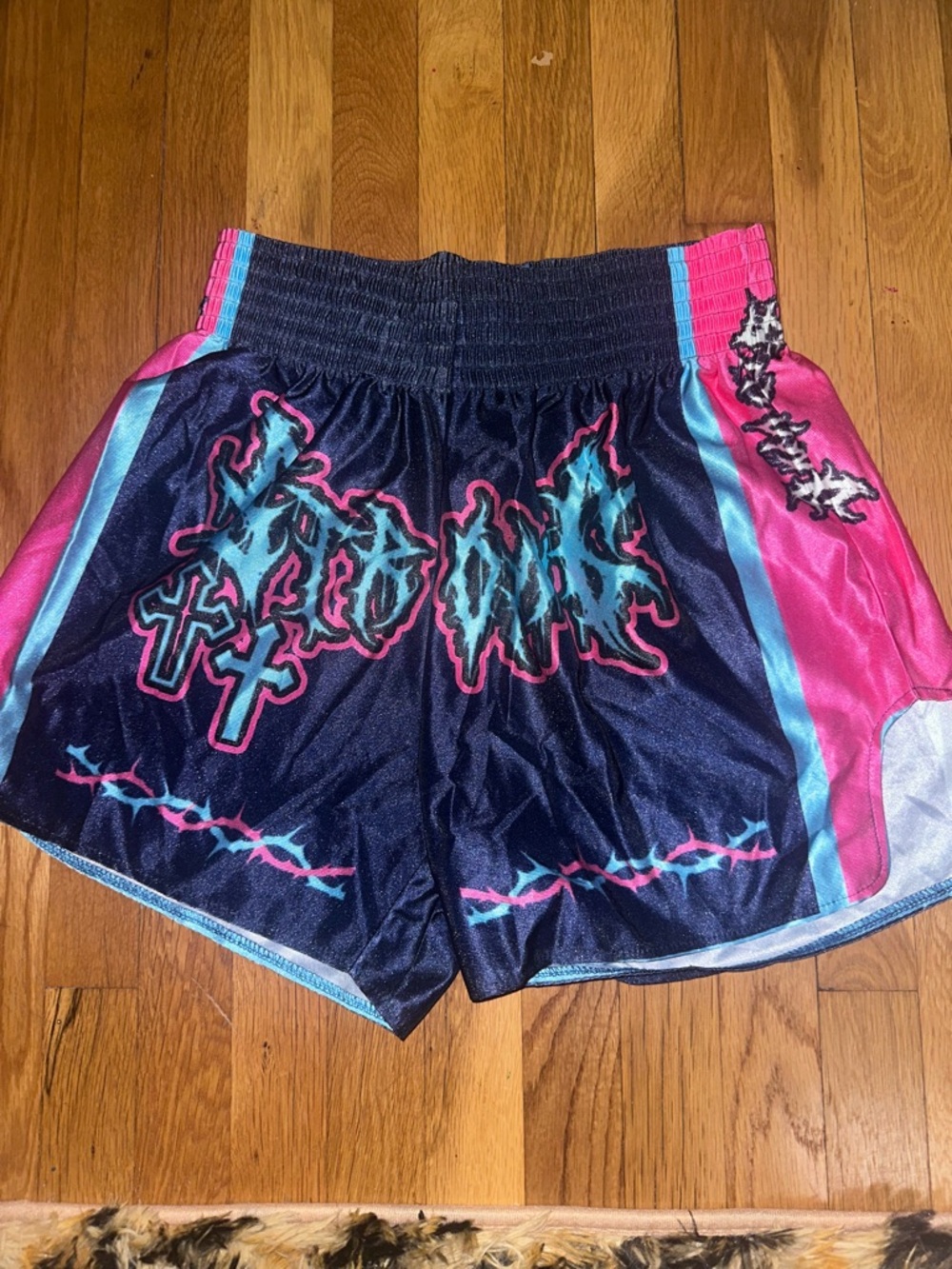 ROMWE Black, Pink & Teal Graphic Athletic Shorts